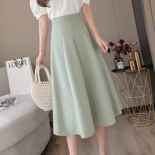 Korean Midi Long A Line Tutu Pleated Skirts 2020 Spring Autumn High Waist Slim Womens Elegant Skirts Black Green mujer faldas