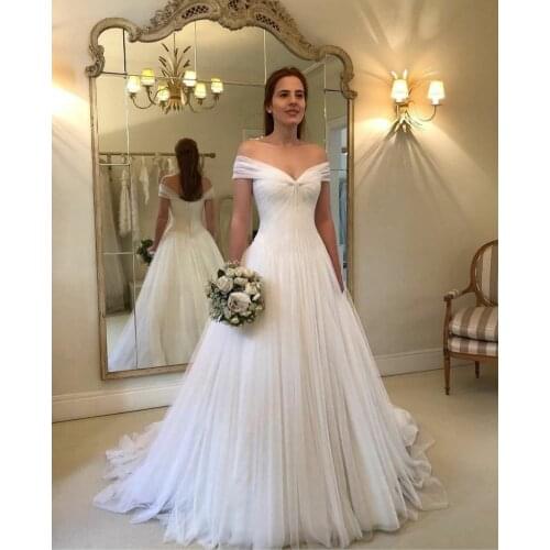 Elegant Long A-Line V-Neck Muslim Wedding Dresses Floor Length Corset Back Tulle White Brautkleider Robes de Soirée for Women