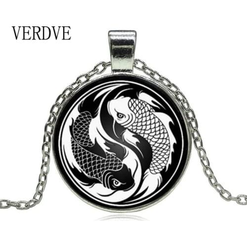2018 New Glass Necklace Koi Yin Yang Ba Gua Tai Ji Tattoo Glass Dome Statement Pendant Jewelry Holiday Gift Accessories