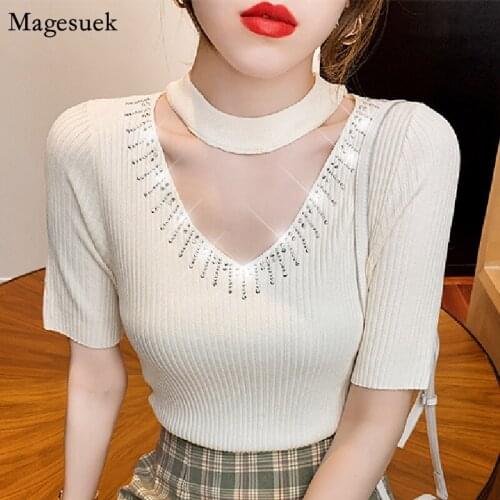 2021 Summer V Neck Short Sleeve Women Knitted T-Shirt Korean Ice Silk Woman T-shirts Drilling Hollow Slim Tee Shirt Blusas 14804