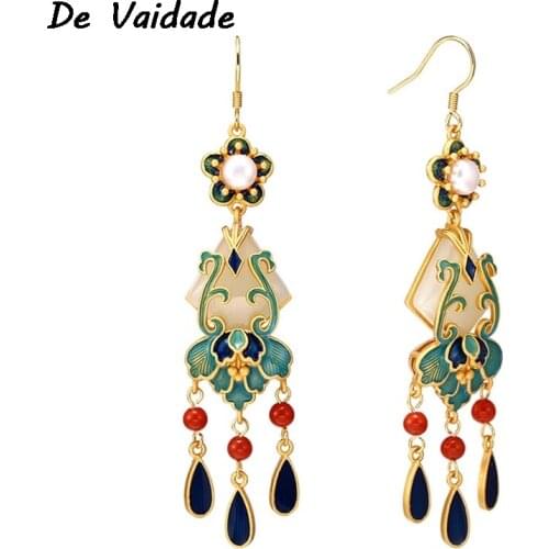 2021 Trend Imitation Hetian Jade Ethnic Style South Red Tassel Earrings for Women Jewelry Long Hanging Earrings Female