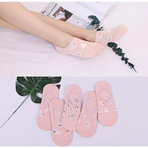 5Pairs Light-color Animal Cartoon Socks Cotton Women Boat Socks Breathable Non-slip Socks Female Kawayi Girls Ankle sock
