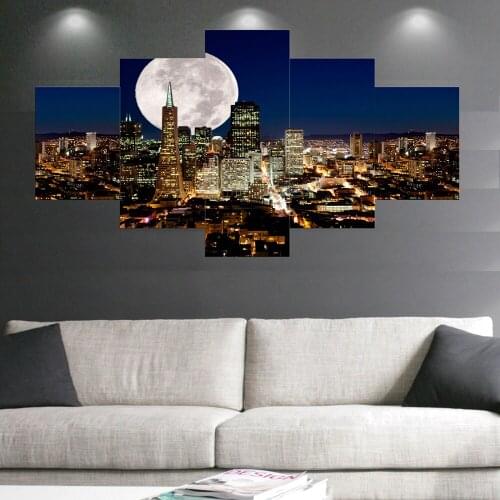 Landscape Moon Shine City Night Views Canvas Print wall pictures for living room cuadros decorative picture 5 pcs