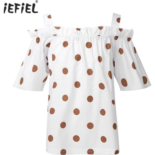 Kids Girls Polka Dots Print Short Sleeves Off Shoulder Cotton Tops Blouse Clothes Girls Summer Casual T-shirt Children Clothing