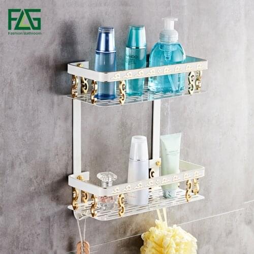 FLG Two Layer Bathroom Rack space Aluminum Basket Bar Shelf bathroom accessories Square Bathroom Shelf Rack Basket With