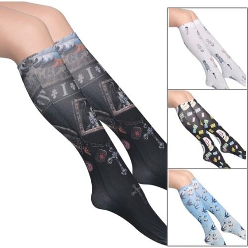 KASURE Printed Pattern White Black Knee High Stockings For Women Girl Long Nylon Elastic New Fashion Soft Ladies Accessories
