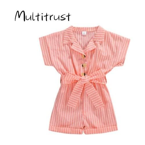 1-6Y Summer Infant Baby Girls Overalls Romper Striped Print Short Sleeve Button Belt Jumpsuits Outfits