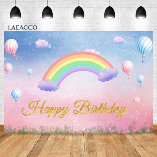 Laeacco Princess Happy Birthday Pink Rainbow Background Hot Air Balloon Clouds Baby Customized Portrait Photography Backdrops