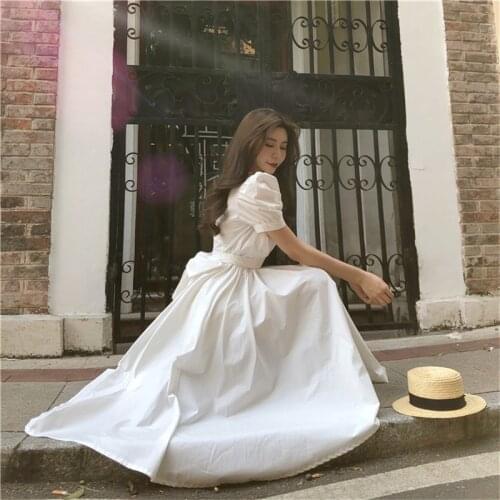 Fashion Women Irregular Retro French Dress Yellow White Puff Sleeve Back Bow Tie Midi A Line Dress Waisted Slim Holiday Dress