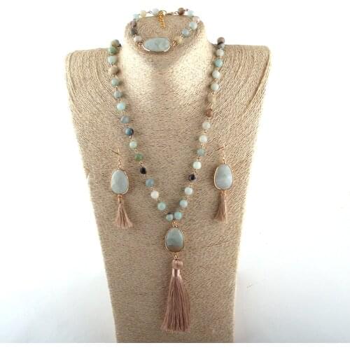 Fashion Jewelry Set Natural Stone Rosary Chain Stone Link Tassel Necklace Bracelet Earring set