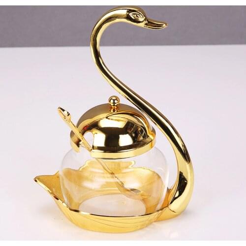 Gold Classic Swan Spice Jar Set with Spoon Clear Glass Salt and Pepper Seasoning Bottle Container Organizer Kitchen Supplies
