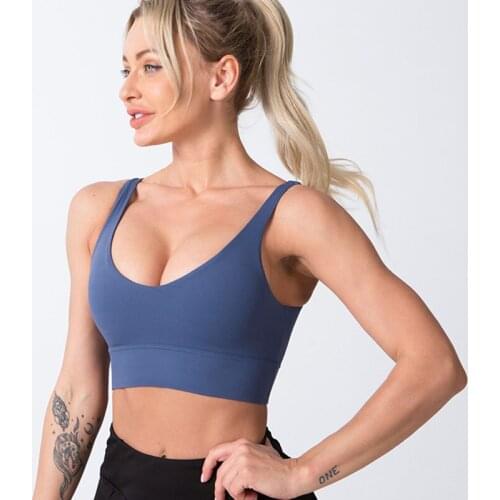 NORMOV Fitness Women Bra V Neck sleeveless Slim Crop Top Solid Push Up Workout Casual Feminine Sport Top Bras