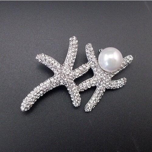 New Bright Glittering Fashion Charming Austrian Rhinestone Star Shaped Pearl Jewelry Brooch Pin, Item No.: BH8016