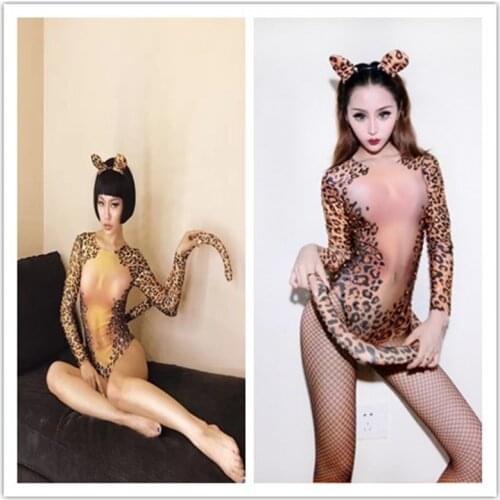 Singer DS Performance Costume Sexy Leopard Print DJ Rhinestone Bodysuit Jazz Dance Costumes Beyonce Stage outfits free shipping