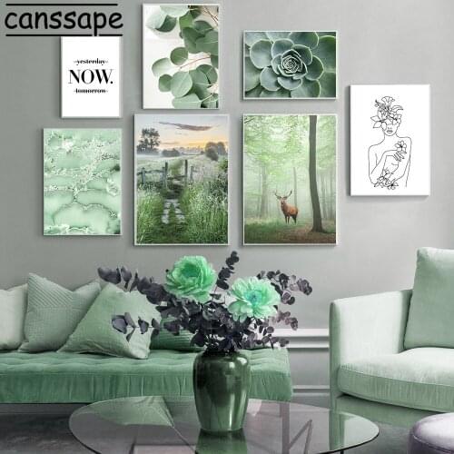 Nature Painting Forest Landscape Wall Poster Green Plant Print Deer Picture Nordic Posters And Prints Living Room Home Decor