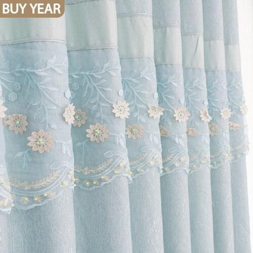Modern Curtains for Living Dining Room Bedroom Linen Jacquard Stitching Curtains Lace Embroidery Bead Curtains Pink Blue Curtain