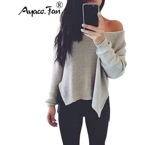 Off Shoulder Irregular Split Style Knitted Sweater Autumn Winter New Sexy V-Neck Loose Pullovers Solid Slim Lady jumpers mujer