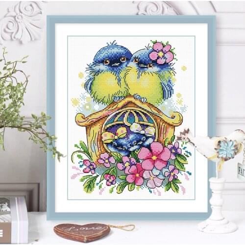 Small size cross-stitch hanging picture with two birds children cartoon pattern suitable for embroidery beginners manual kit
