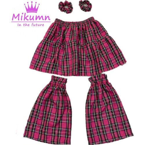 Japanese Harajuku Girls Rose Red Plaid Pleated Mini Skirt + Leg Warmer Foot Sock + Hair Ring Rope Kawaii Skirs Sets