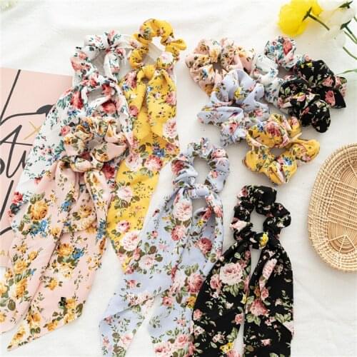 Floral Print Long Ribbon Ponytail Hair Tie Bow Scrunchies Women Girls Elastic Hair Bands Flower Hair Accessories