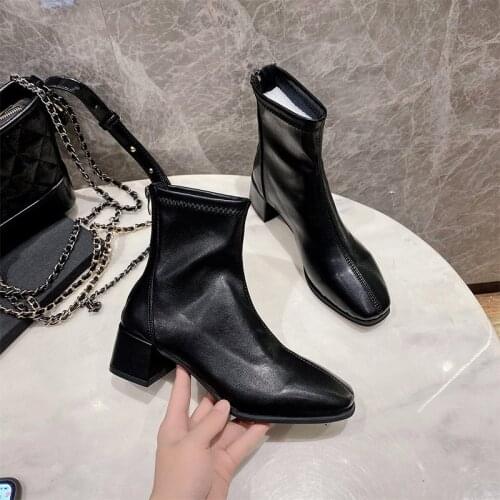 Women Zipper Ankle Boots Laides Pu Leather Fashion Square Heels Shoes Female Autumn Casual Boots Woman Sewing Comfort Footwear
