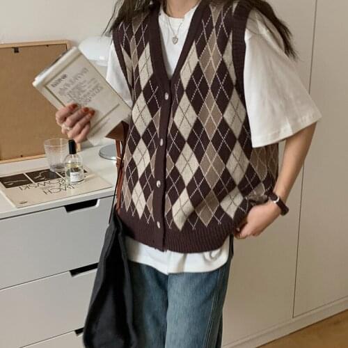 Retro V-neck Argyle Sleeveless Sweater Vest Women 2021 Summer Autumn Fashion Preppy Style Slim Crop Top Streetwear