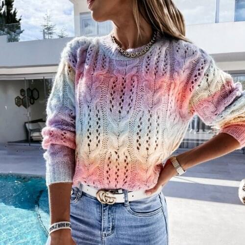 Women Hollow Knit Sweater, Adults Loose Gradient Tie-dye Long Sleeve Round Neck Pullover