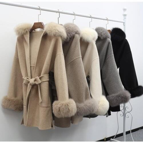 Hot Sale Women Coat Warm Wool Blends Coat With Fox Fur Collar Cuff Casual Hooded Cashmere Cardigan Wool Jackets Winter