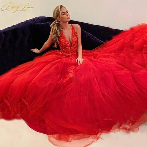 Sexy Red Prom Dress Bead Appliques Lace Gown Long Tulle Formal Woman Dress Sexy V neck Young Girl Flowers A line Evening Dress
