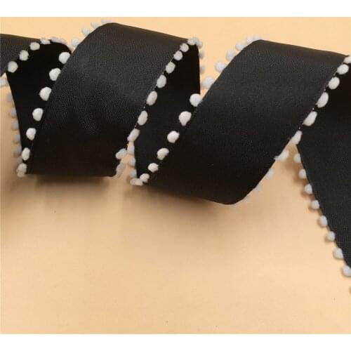 N1108 38mm X 25yards White Floss Dots Edges Wired Shiny Black Satin Ribbon.Gift Bow,Wedding,Cake Wrap,Tree Decoration,Wreath