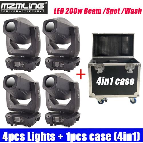 4PCS Lights + 1PCS Flight Case LED 200w Beam Spot Wash 3in1 Light With Zoom DMX512 Moving Head Light DJ /Bar /Show /Stage Light