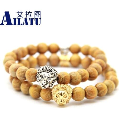 Ailatu Wholesale High Quality 8mm Natural Yellow Wood Beads Metal Alloy Lion Head Bracelet Jewelry