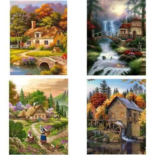 Diy 5D Diamond Painting Waterfall Lake Houses Cross Stitch Kits Diamond Embroidery Full Square Round Drill Home DecorZP-2146