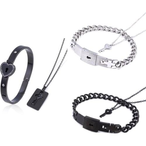 Fashion A Couple Lovers Jewelry Love Heart Lock Bracelet Stainless Steel Bracelets Bangles Key Pendant Necklace Chain