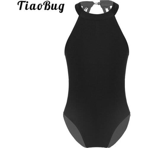 TiaoBug Kids Gymnastics Leotard Basic Dancewear Black Halter Keyhole Back Bodysuit Girls Ballet Stage Performace Dance Costume