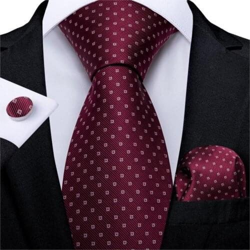 DiBanGu Mens Necktie Red Wine Dot Silk Wedding Tie For Men New Design Tie Hanky Cufflink Set Business Party Dropshipping