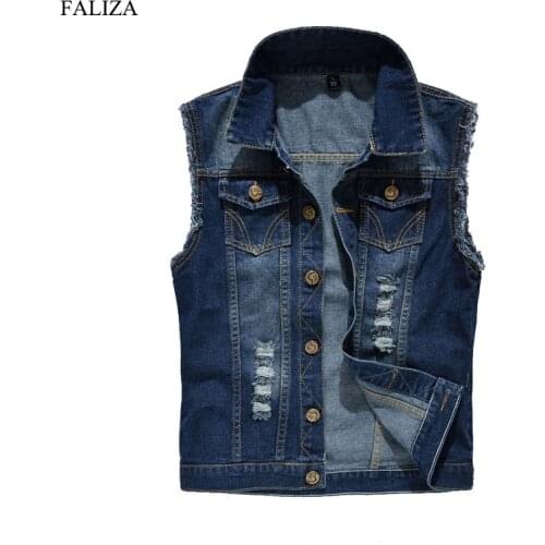 FALIZA Mens Ripped Design Jeans Vest Ripped Denim Waistcoat Men Denim Vest Man Sleeveless Jeans Vest Frayed MJ-H
