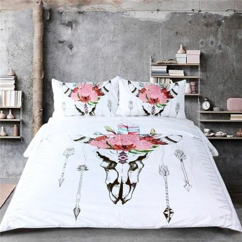BeddingOutlet Bull Head Skull Duvet Cover Set Illustration of Skeleton Bull 3 Pcs Bedspread Blossoming Flowers Print Bedding Set