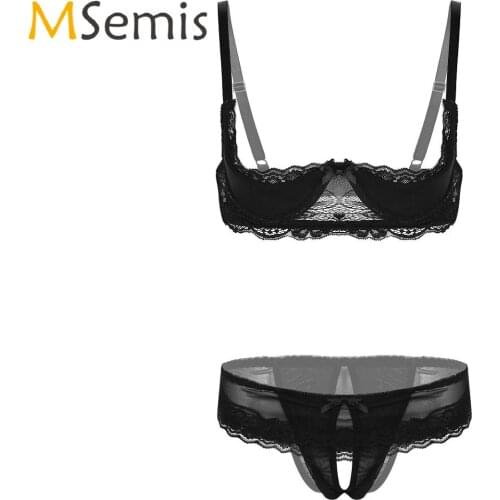 Women Lace Lingerie Set Adjustable Spaghetti Shoulder Straps 1/4 Cup Unlined Shelf Bra with Low Rise Crotchless Briefs Underwear