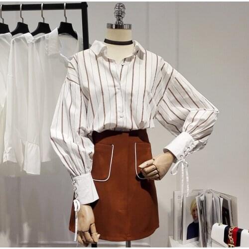 Summer New Striped Women Blouse And Shirts 2020 Lantern Sleeved Bandage Office Lady Shirts Outwear Tops