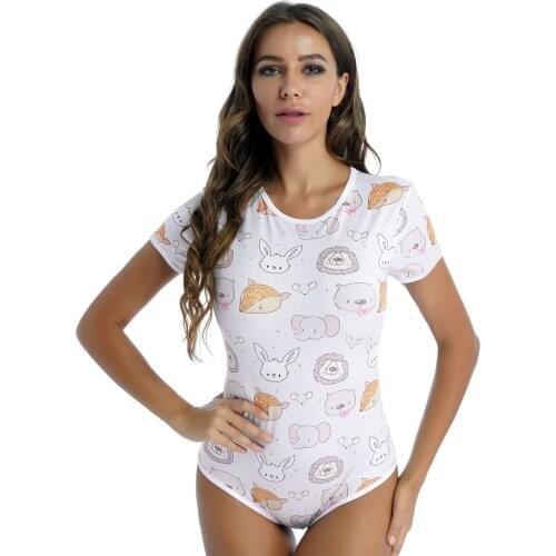 Summer Women Sleepwear Cartoon Print Swimsuit Bodysuit Underwear Round Neck Short Sleeve Rompers Button Crotch Jumpsuit