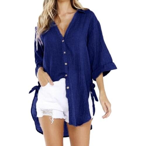 Summer Women Blouses Casual Long Sleeve Turn Down Collar Irregular Hem Belt Buttons Loose Shirt Female Tee T-Shirt топик женский