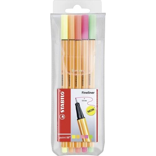 Stabilo Point 88 Fineliner Pens, 0.4 mm - 5-Color Neon Wallet Set