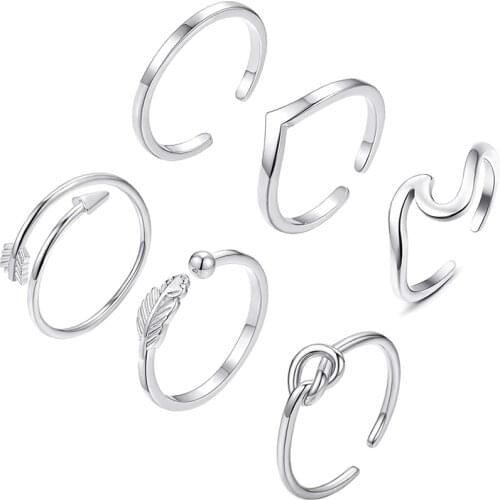 6PCS Arrow Knot Wave Rings for Women Adjustable Stackable Thumb Open Rings Set Summer Vacation Jewelry