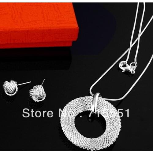 New promotion,Wholesale silver plated jewelry Silver mesh circle pendant Necklace & Earrings Set