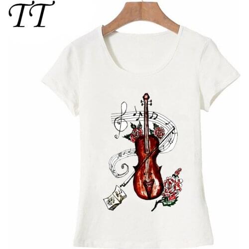 New Harajuku Brown violin with music notes art T-Shirt Fashion women T Shirt music Tops Pretty girl t-shirt ladies casual Tee