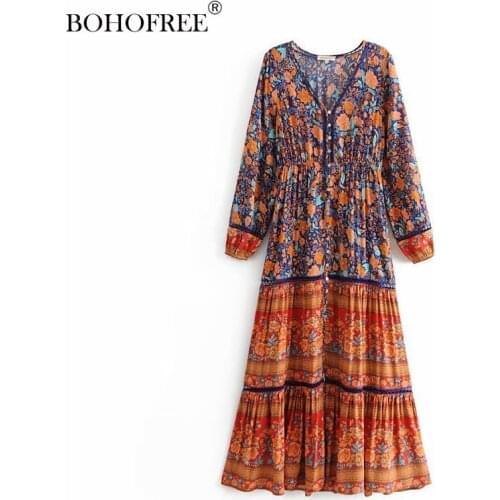 New Fashion Women Floral Print Bohemian Long Dress V Neck Long Sleeve Button Down Maxi Boho Dress Cotton Dresses