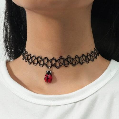 Trendy Simple Red Ceramic Insect Ladybug Pendants Necklaces For Women Girls Black Elastic Telescopic Chain Chokers Necklace Gift