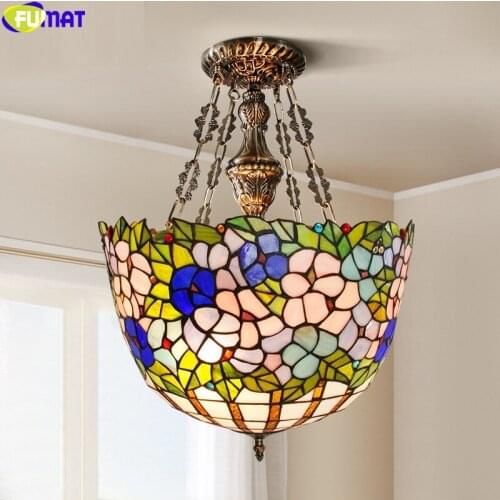 FUMAT Tiffany Style Pendant Lamp Stained Glass Reverse Chandelier Pink Blue Orchid Leaves Hanging Light Fixture House Decor Art