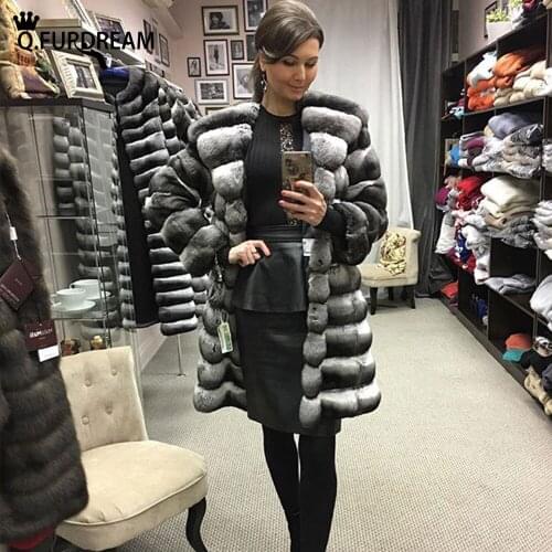 Q.FURDREAM Woman Trendy Chinchilla Color Real Rex Rabbit Fur Coat Winter Warm Full Sleeves Long Thick Natural Fur Clothing